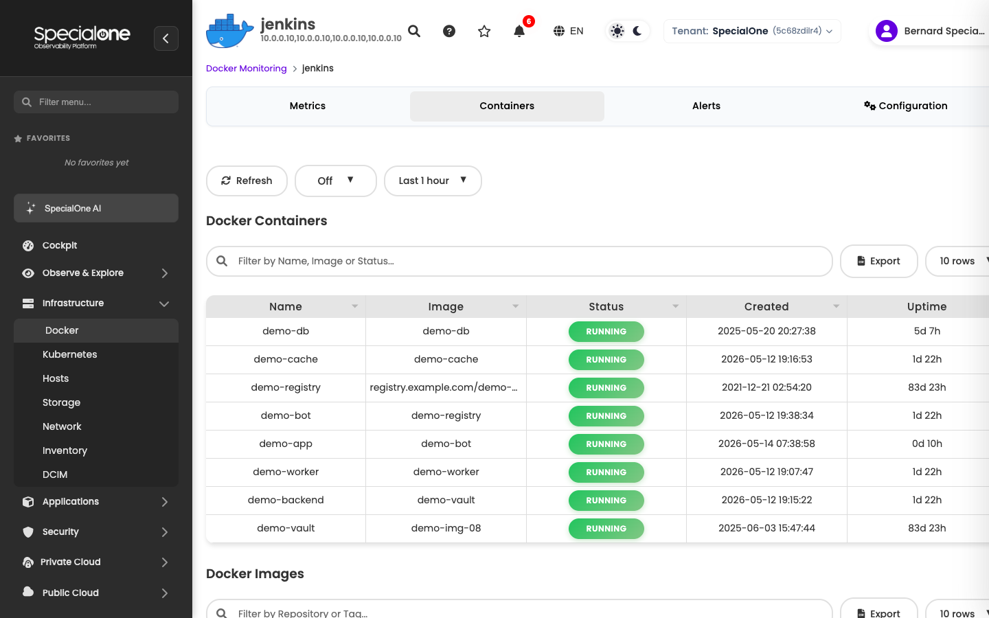 Containers tab with container list and image list