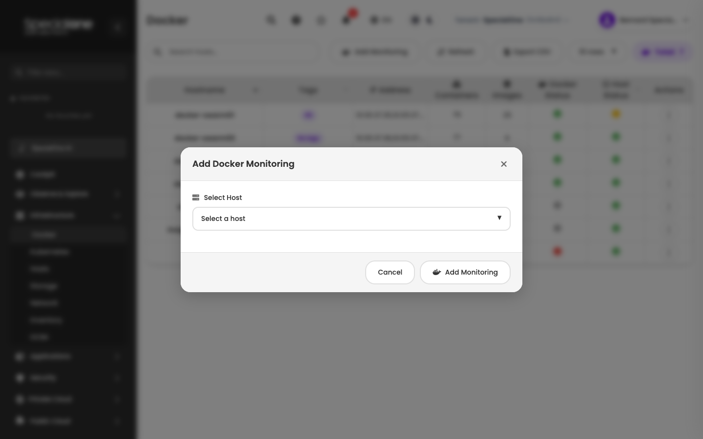 Add Docker Monitoring modal with dropdown of already-registered hosts