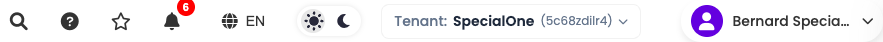 Top bar with search, language, theme, tenant and user