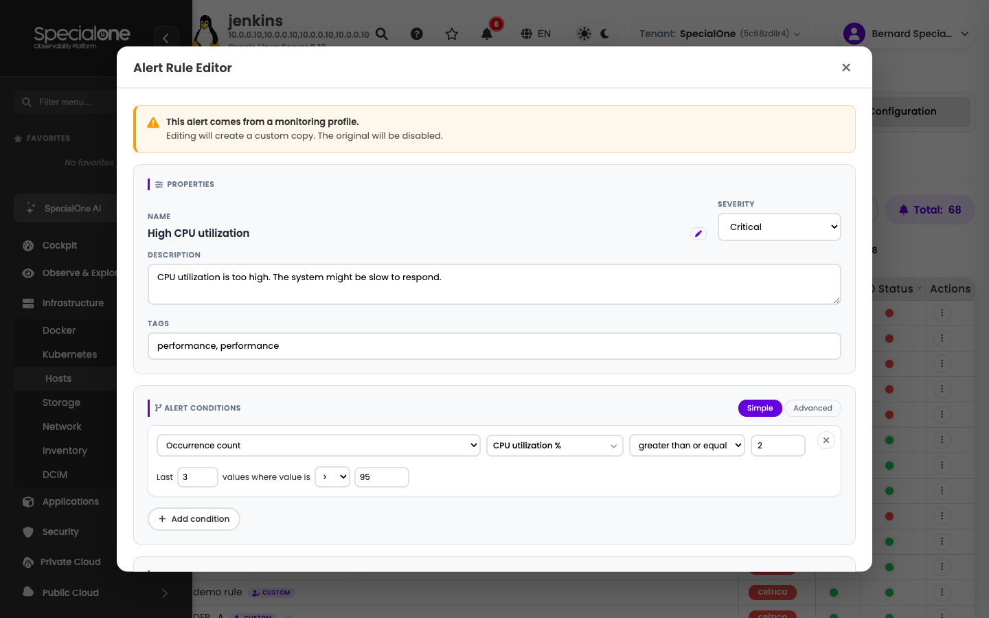 Alert rule editor with custom copy warning