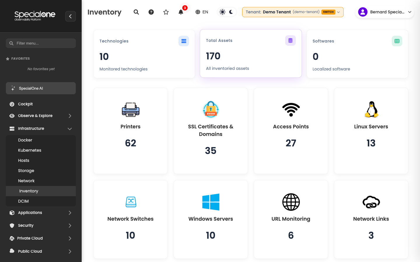 Inventory with top KPIs and per-category cards
