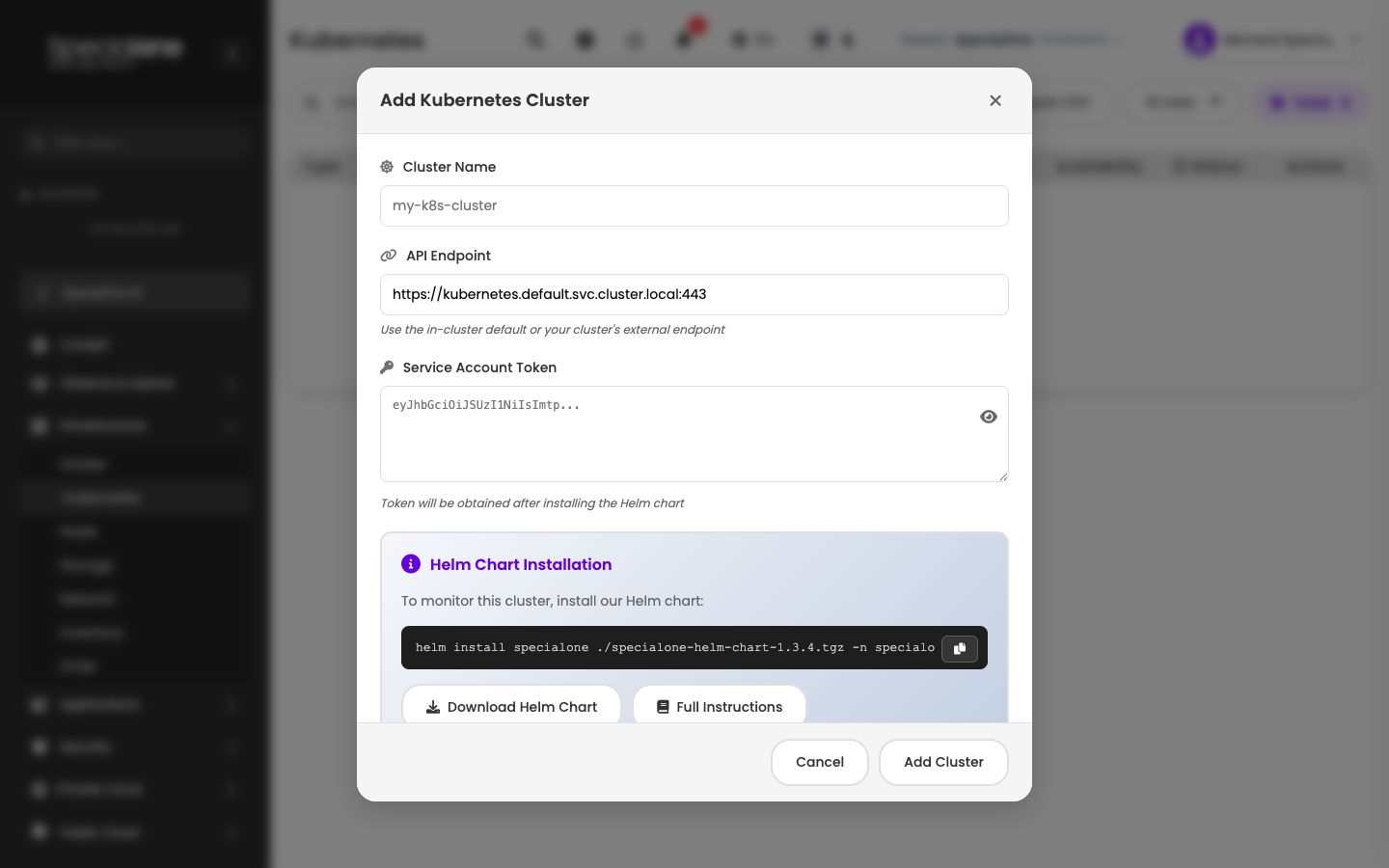 Add Cluster modal with fields and Helm chart instructions