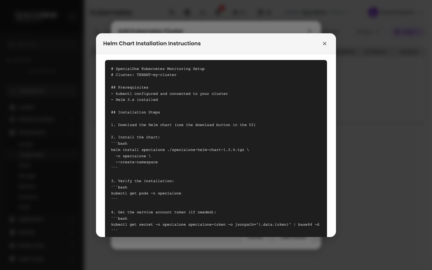 Helm chart installation instructions modal