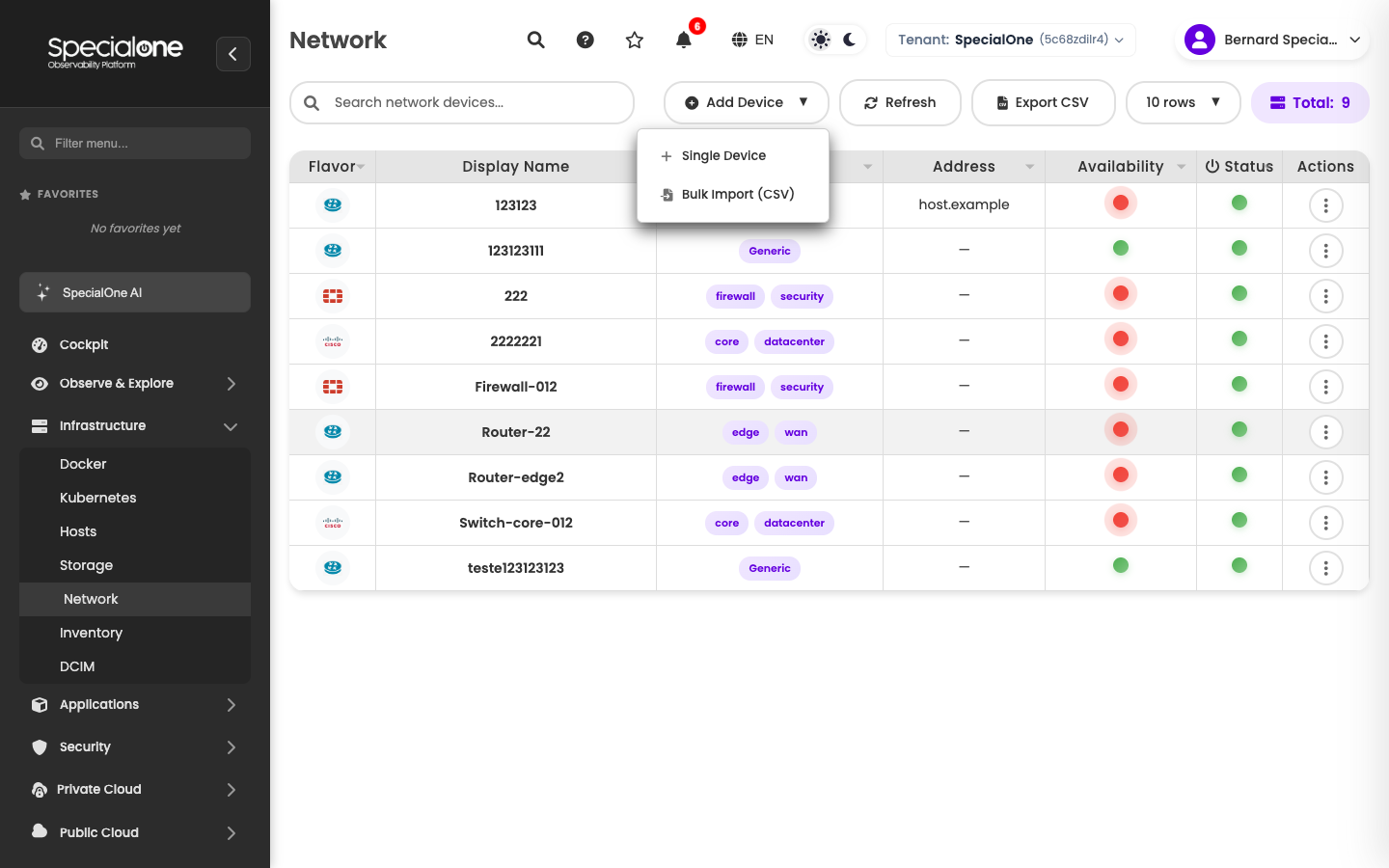 Add Device dropdown with Single Device and Bulk Import (CSV)