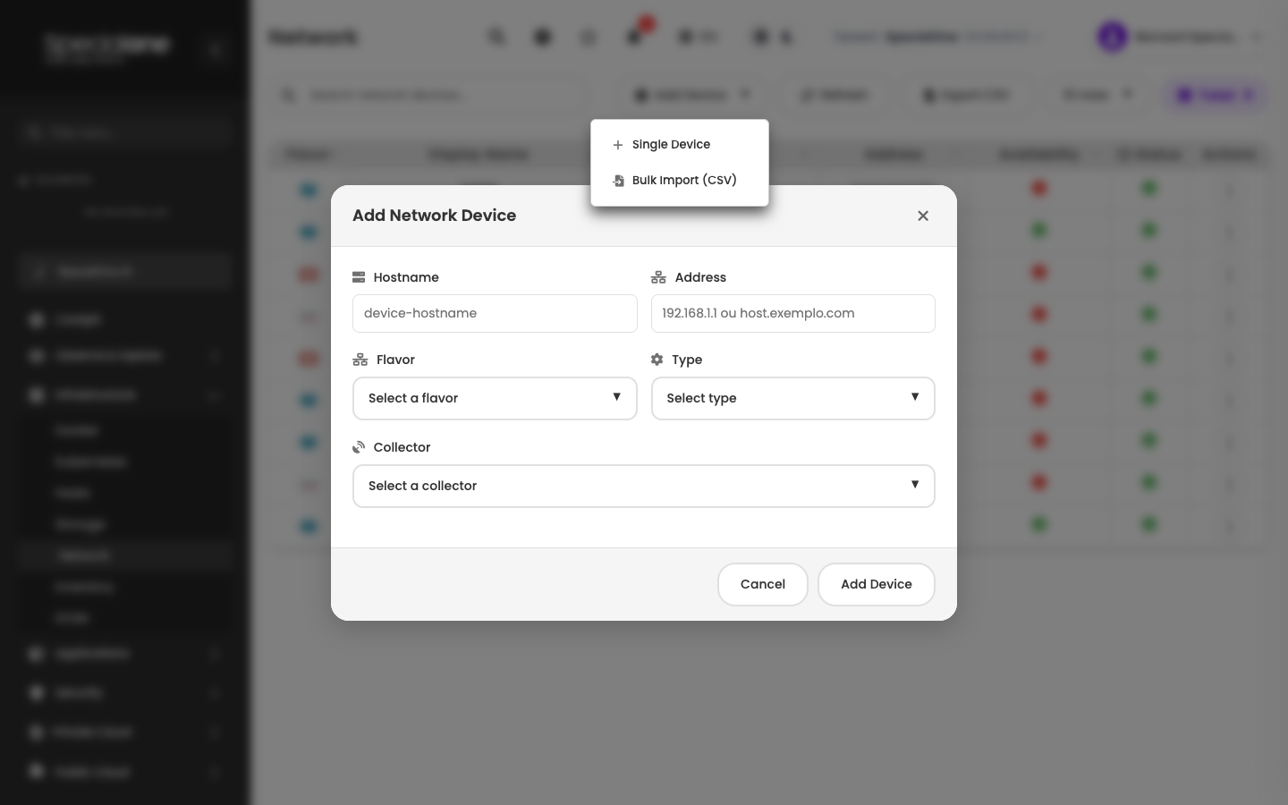 Add Network Device modal with Hostname, Address, Flavor, Type and Collector