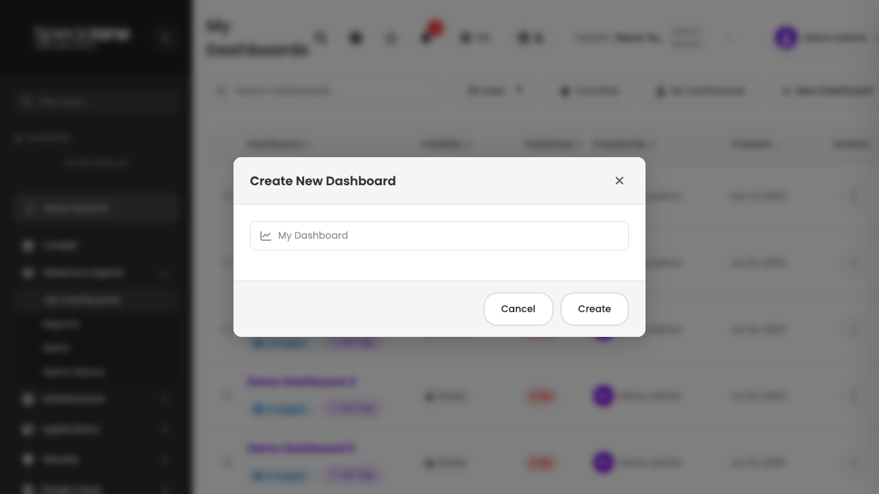 Create New Dashboard modal with the name field