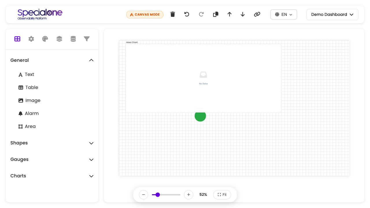 Dashboard editor with widget palette, canvas and properties panel
