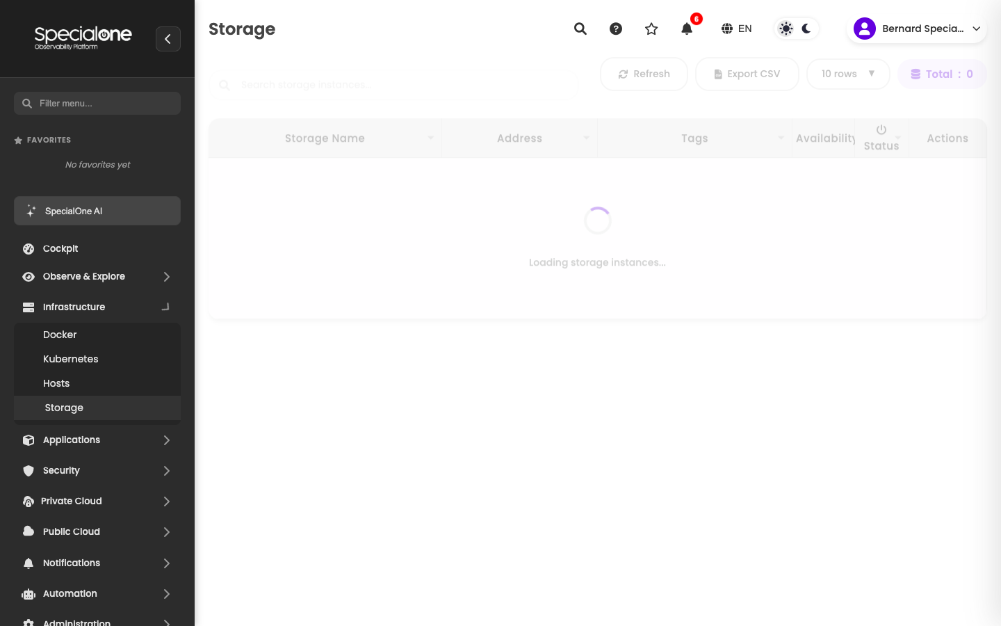 Storage instance list, empty on a fresh tenant